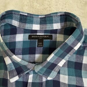 Banana Republic Men's Teal and Navy Checkered Shirt XXL